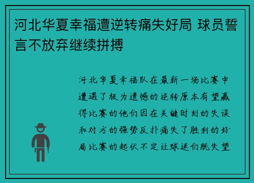 河北华夏幸福遭逆转痛失好局 球员誓言不放弃继续拼搏