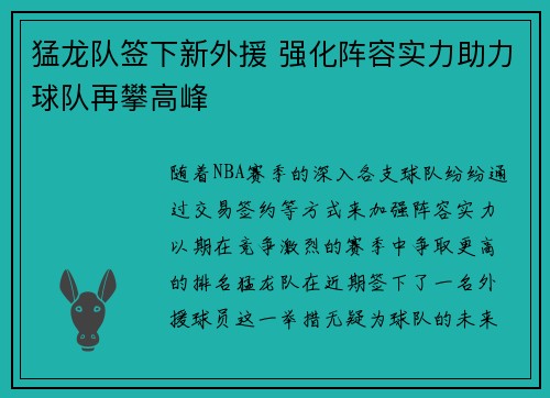 猛龙队签下新外援 强化阵容实力助力球队再攀高峰